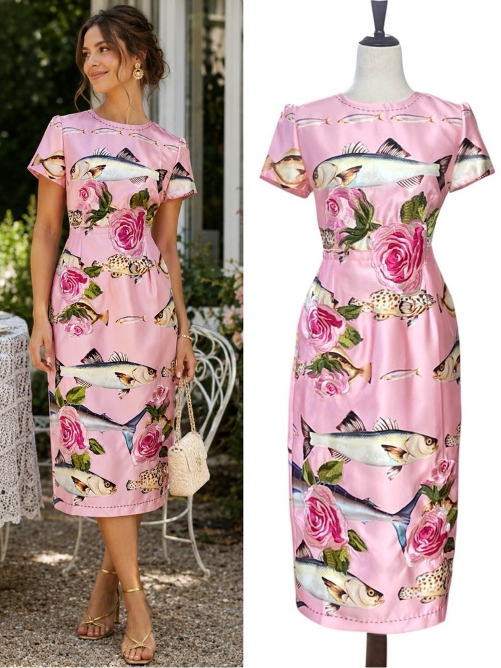 Pink Floral & Fish Print Midi Dress